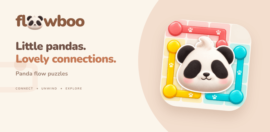 Flowboo mobile puzzle game artwork with a panda and connected colour paths